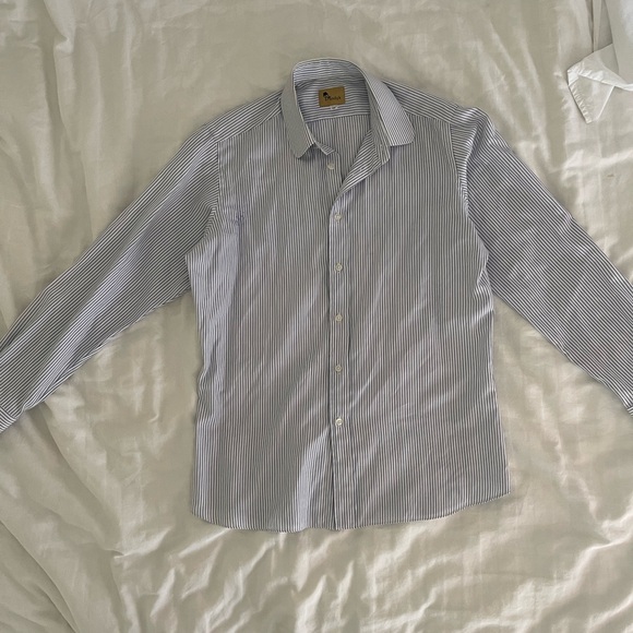 Blue and white striped oversized dress shirt. - Picture 3 of 6